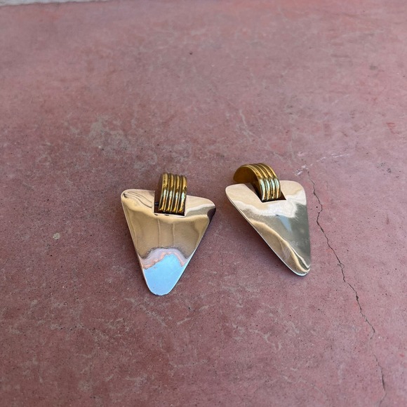 Sterling Silver Clip On Earrings Triangle With Brass Detail Vintage Mexico - Picture 2 of 6